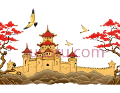 城堡,中国风插画,黄色,红色PNG