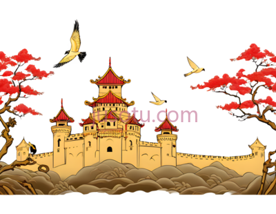 城堡,中国风插画,黄色,红色, PNG