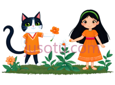女孩,猫,卡通,黑白相间PNG