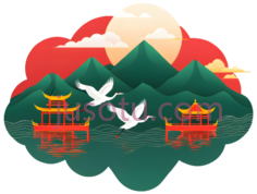 太阳,云朵,山,仙鹤,亭子,插画,红色,白色,绿色,黄色PNG