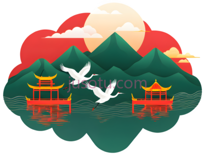 太阳,云朵,山,仙鹤,亭子,插画,红色,白色,绿色,黄色, PNG