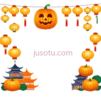 灯笼,南瓜灯,房屋,中式,卡通,东亚建筑,蓝色,黄色, PNG