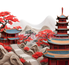 亭子,宝塔,山,树,中国风建筑,红色,蓝色,白色PNG