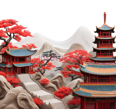 亭子,宝塔,山,树,中国风建筑,红色,蓝色,白色, PNG