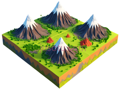 童话火山,绿色植被,卡通,童真, PNG