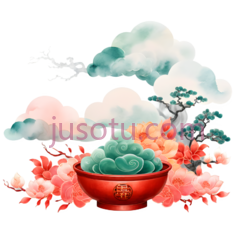 云,树,花,碗,水墨画,白色,绿色,红色,粉色PNG