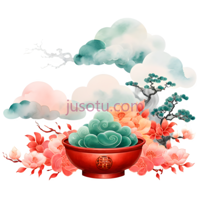 云,树,花,碗,水墨画,白色,绿色,红色,粉色, PNG
