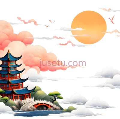 塔,桥,太阳,中国水墨画,蓝色,红色,白色,黄色, PNG