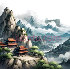 山,建筑,水墨画,灰色,白色,绿色,红色PNG