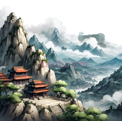 山,建筑,水墨画,灰色,白色,绿色,红色, PNG