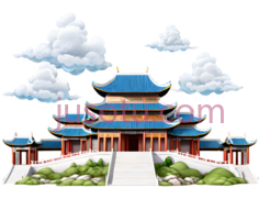宫殿,中式建筑,蓝色屋顶, 红色墙壁PNG