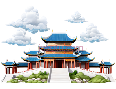 宫殿,中式建筑,蓝色屋顶, 红色墙壁, PNG