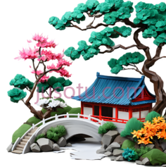 小桥,房屋,树木,花朵,东方建筑,粉色,绿色,蓝色,白色PNG
