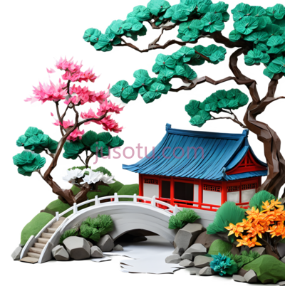 小桥,房屋,树木,花朵,东方建筑,粉色,绿色,蓝色,白色, PNG