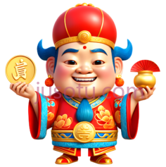 财神爷,卡通,红色,蓝色,黄色PNG