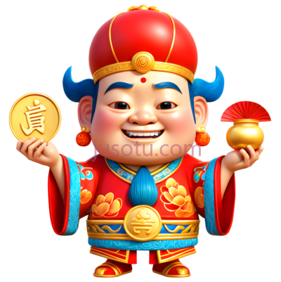财神爷,卡通,红色,蓝色,黄色, PNG