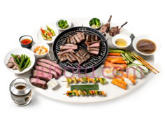 烤肉拼盘,圆形摆盘,颜色PNG