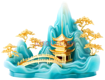 山水风景,中国风,蓝色,金色, PNG