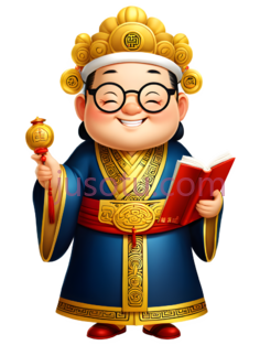 财神爷,卡通,蓝色,金色,红色PNG